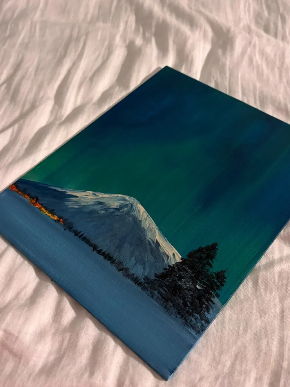Handmade Aurora Borealis Canvas Painting Northern Lights Snow Mountain Wall Art